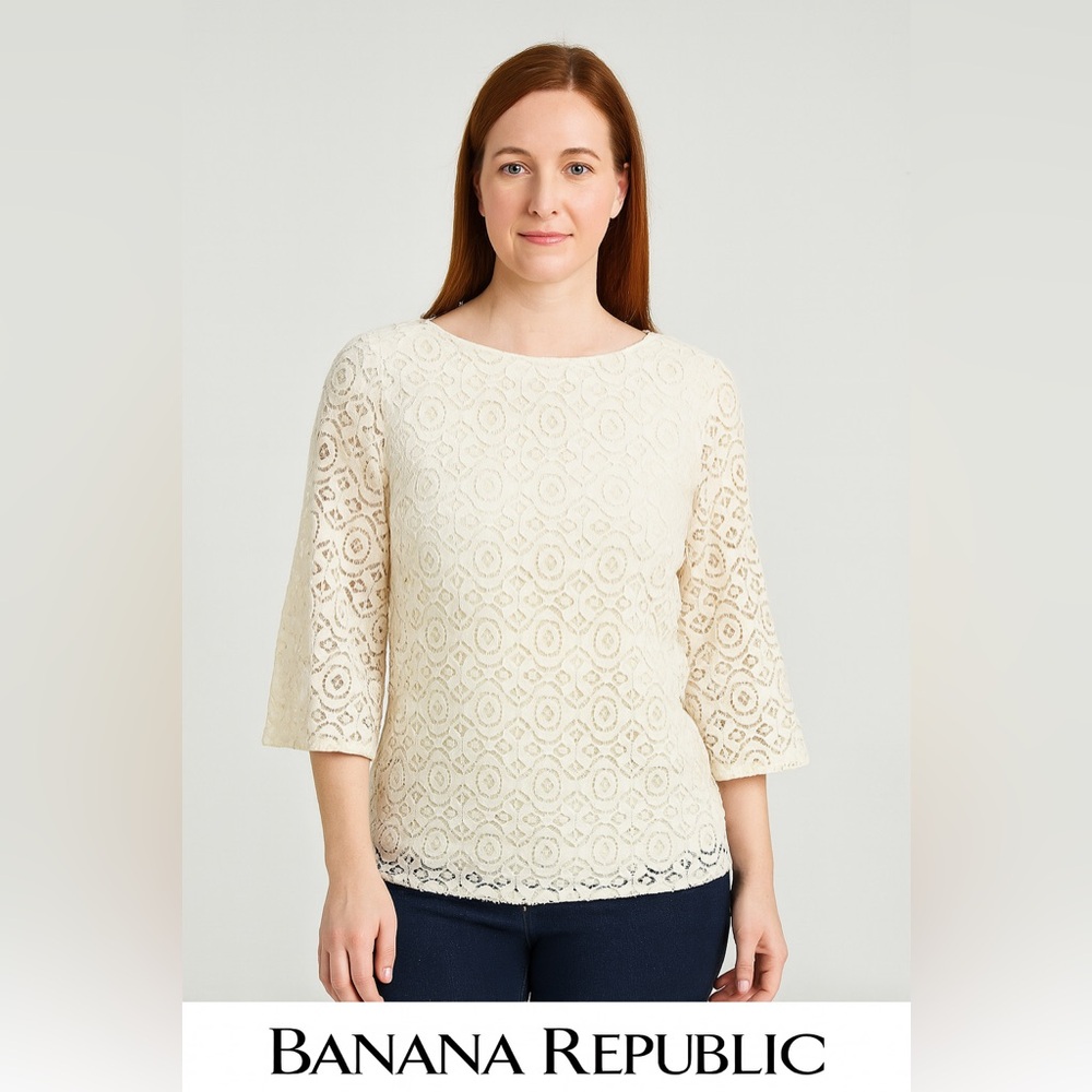BANANA‎ REPUBLIC Cream Lace Floral Pattern Top Sz 14 Business Casual Work Attire